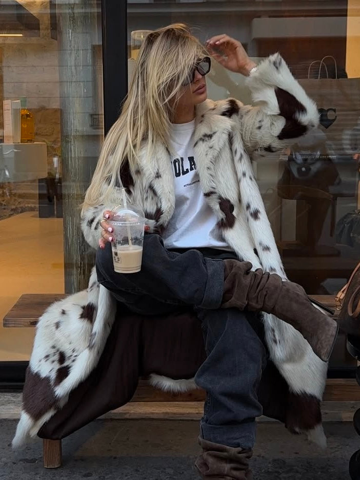 Kuhfell Kunstpelz Maxi Mantel mit Animalprint
