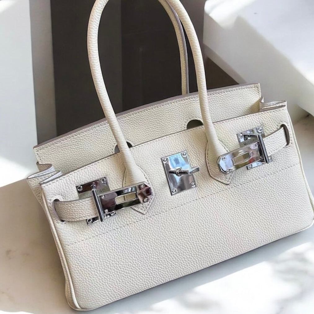 Echtleder Handtasche mit Silber Verschluss 30cm