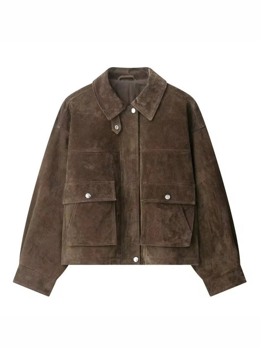 Retro Wildlederjacke mit Reißverschluss & großen Taschen