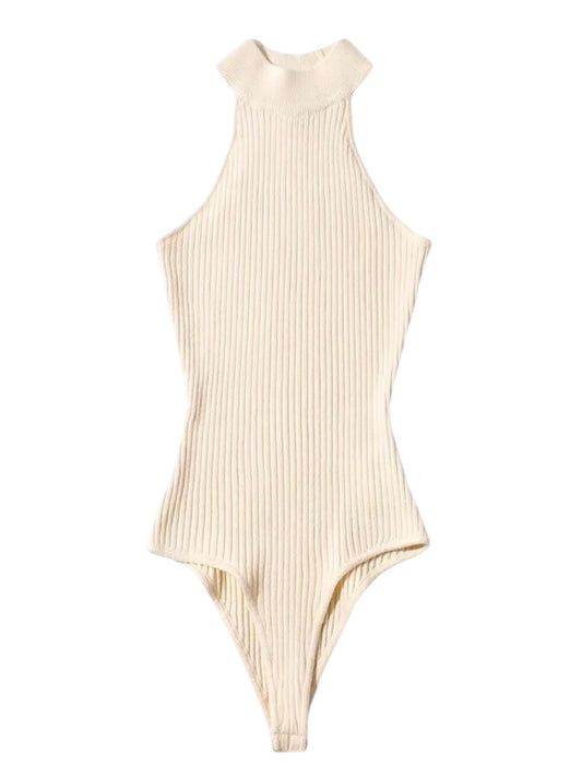 Komfortabler Taillierter High-Neck Rib-Strick Bodysuit in Beige
