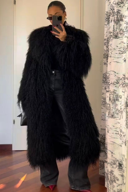 Mongolischer Faux-Fur Maxi Mantel mit Gürtel
