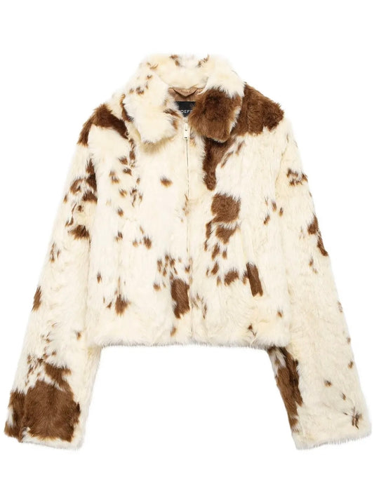 Kurze Kunstfelljacke mit Animalprint und Reißverschluss
