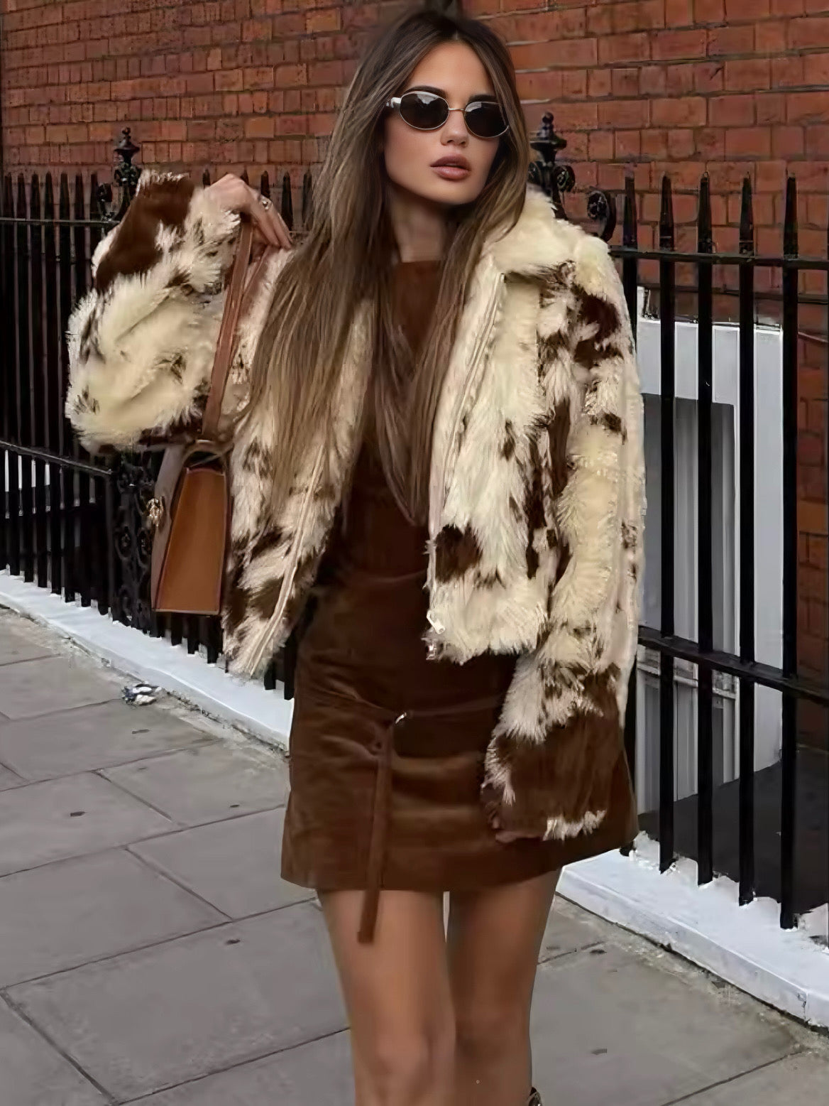 Kurze Kunstfelljacke mit Animalprint und Reißverschluss