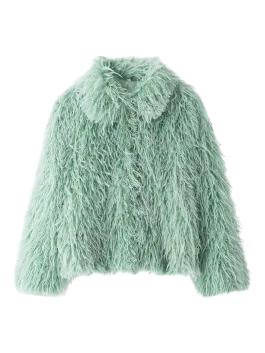 Salbeigrüne Kunstpelzjacke im mongolischen Stil