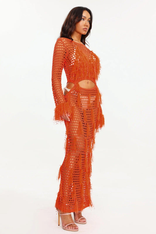Zweiteiliges Häkel-Ensemble in Orange mit Fransendetail - Sorentis