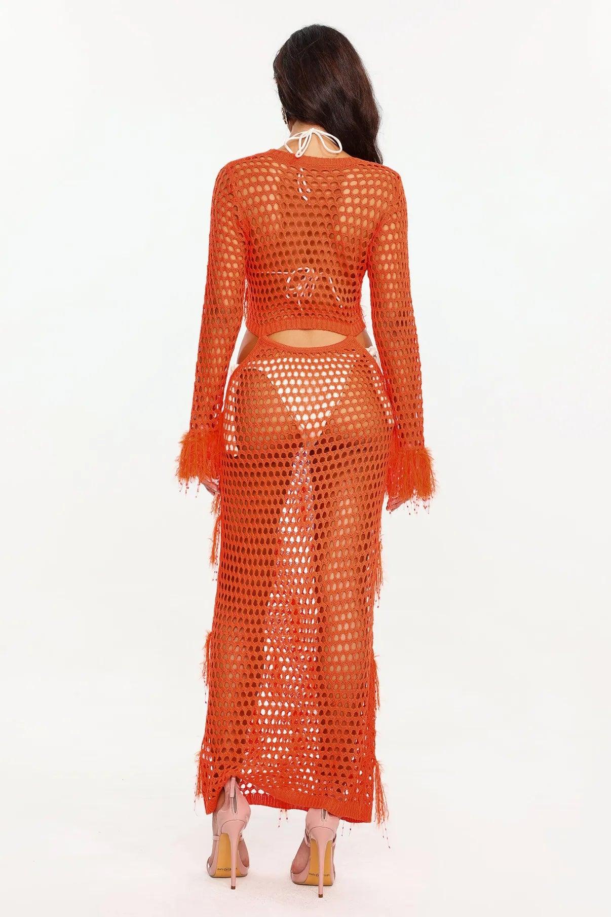 Zweiteiliges Häkel-Ensemble in Orange mit Fransendetail - Sorentis