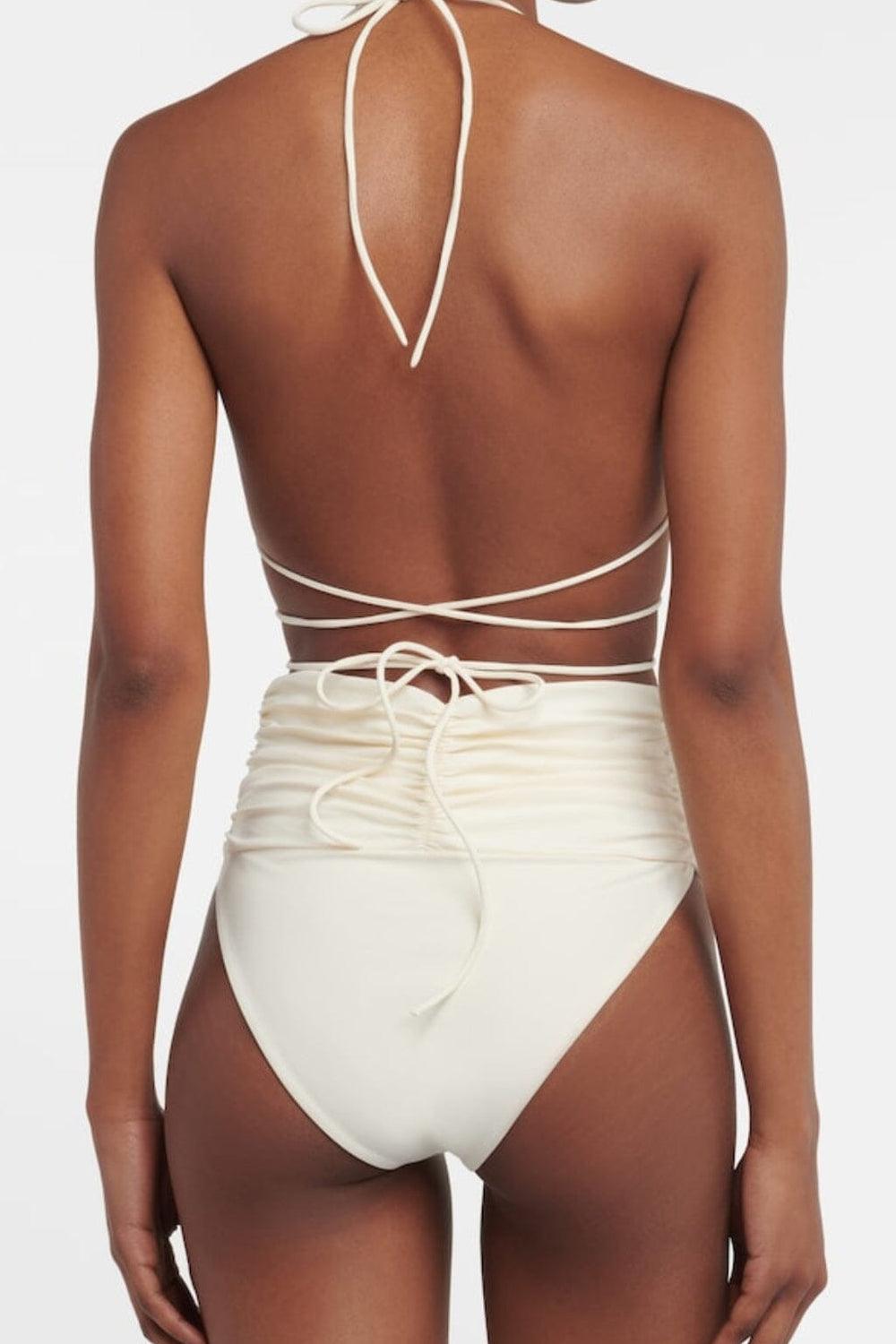 Cremefarbener Blumen-Bikini mit Halterneck-Top und Raffungen - Sorentis