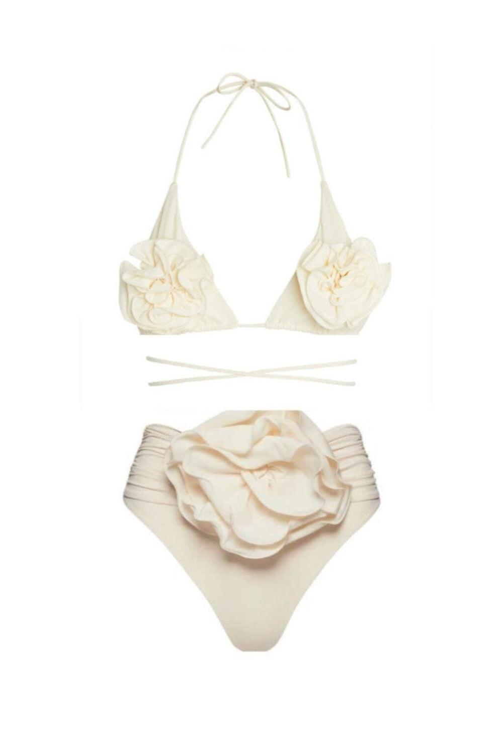 Cremefarbener Blumen-Bikini mit Halterneck-Top und Raffungen - Sorentis