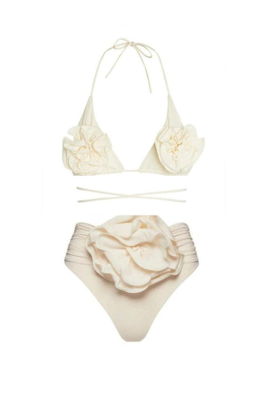 Cremefarbener Blumen-Bikini mit Halterneck-Top und Raffungen - Sorentis
