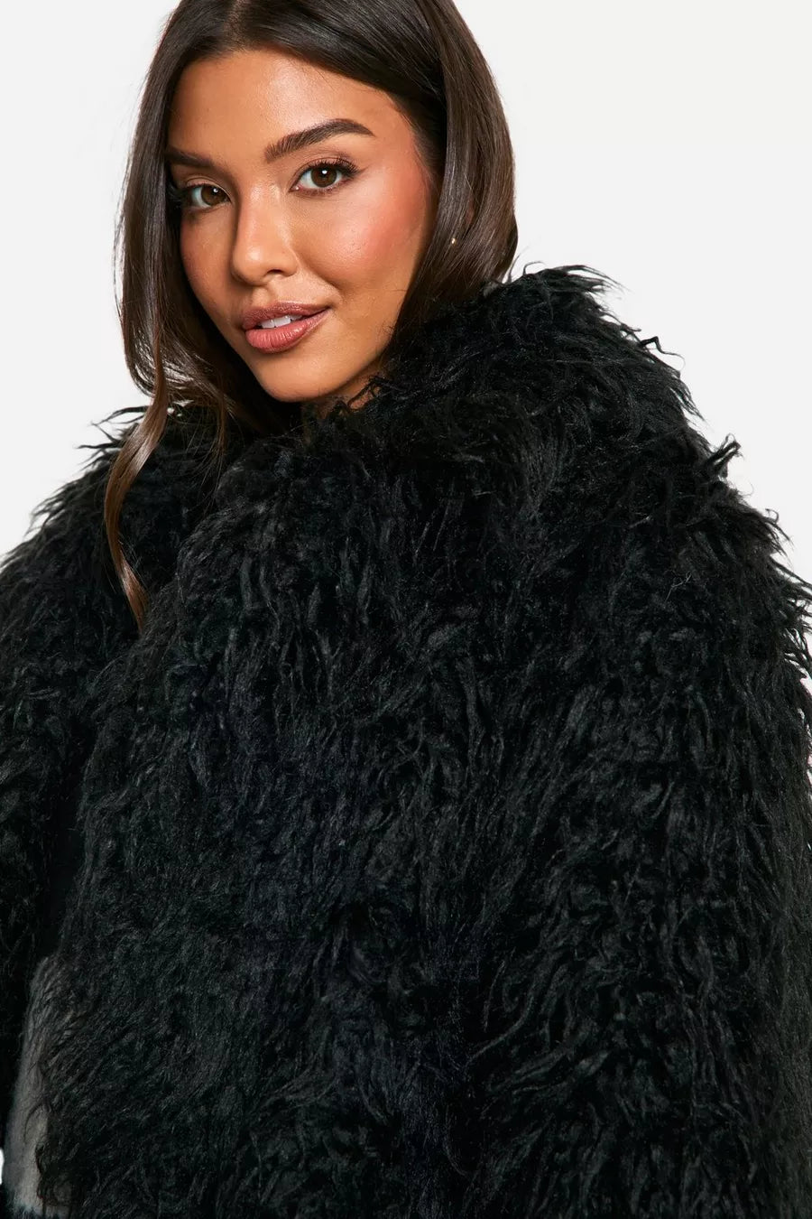 Mongolischer Faux-Fur Maxi Mantel mit Gürtel