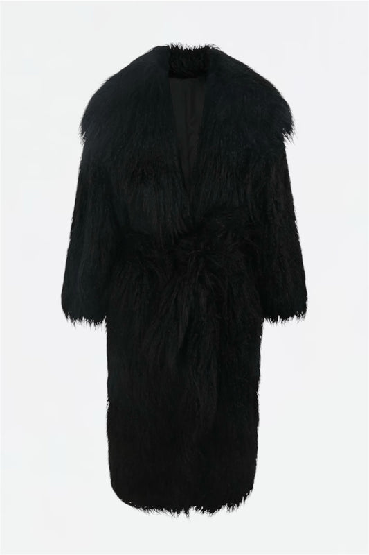 Mongolischer Faux-Fur Maxi Mantel mit Gürtel