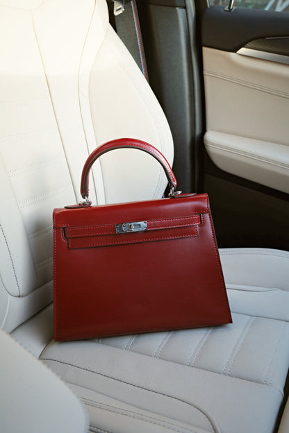 100% Echtleder Box-Klassiker-Handtasche in Dunkelrot