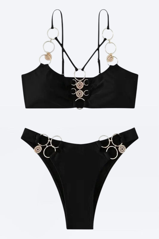 Ibiza Luxe Bikini Noir - Schwarzer Bikini mit Goldringen