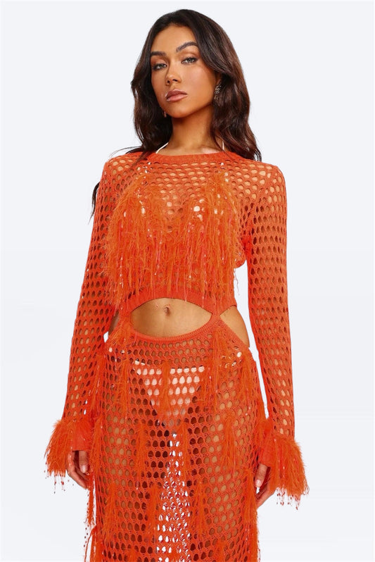 Zweiteiliges Häkel-Ensemble in Orange mit Fransendetail