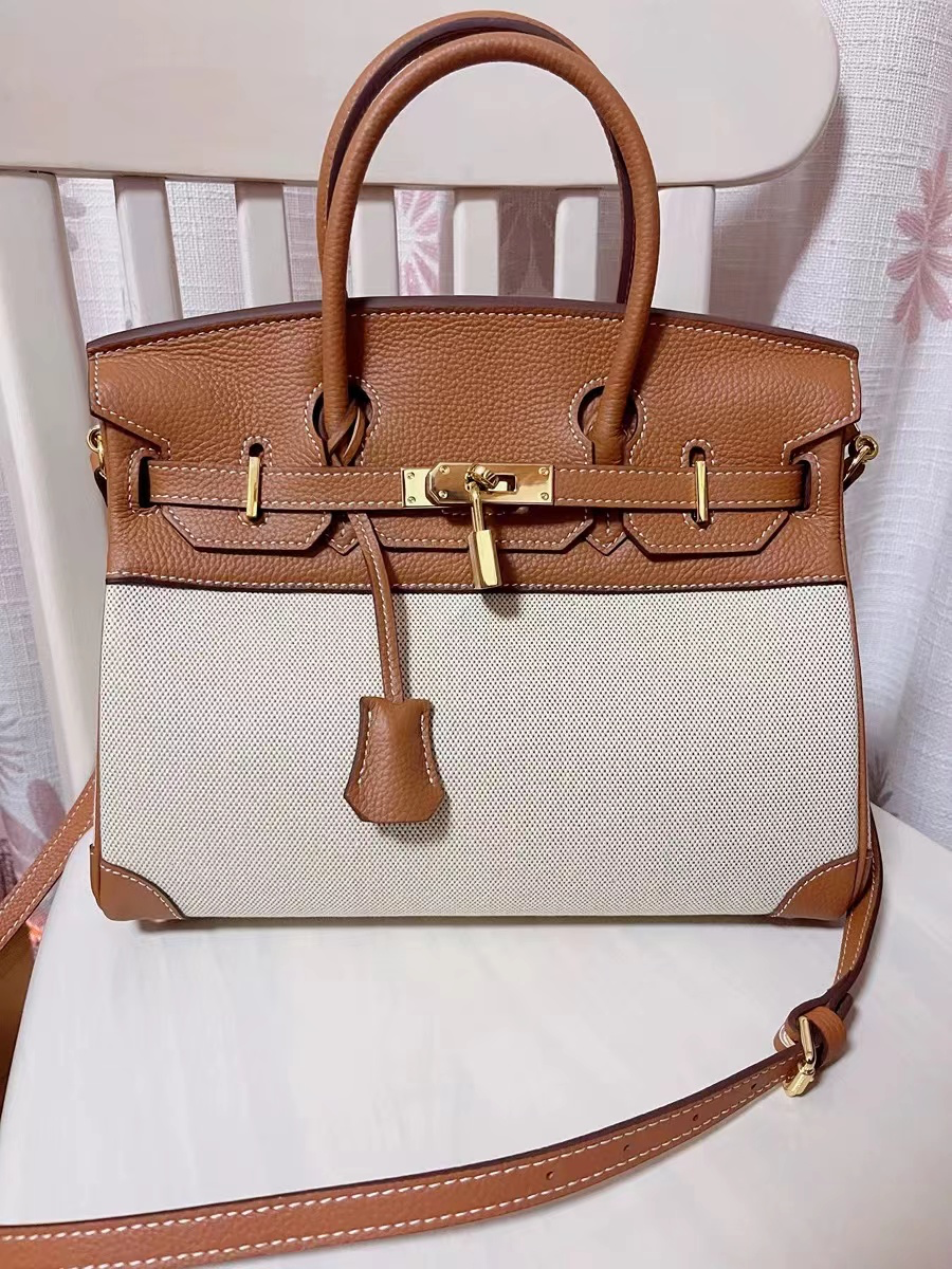 Hermé Noble-Echtleder combi canvas Handtasche 30cm