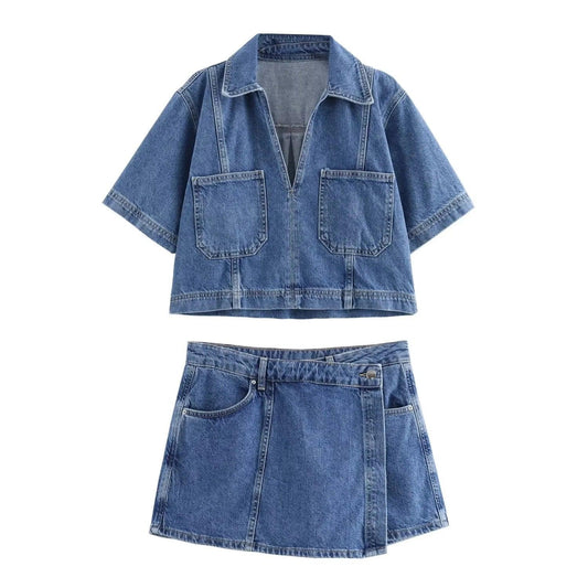 Zweiteiliges Denim Outfit mit Kurzarmjacke und Hosenrock - Sorentis