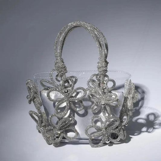 Glitzernde transparente Handtasche mit Strassblumen und Innentasche - Sorentis