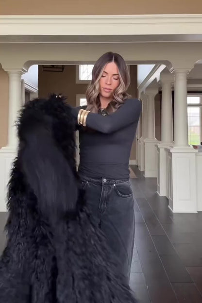 Mongolischer Faux-Fur Maxi Mantel mit Gürtel